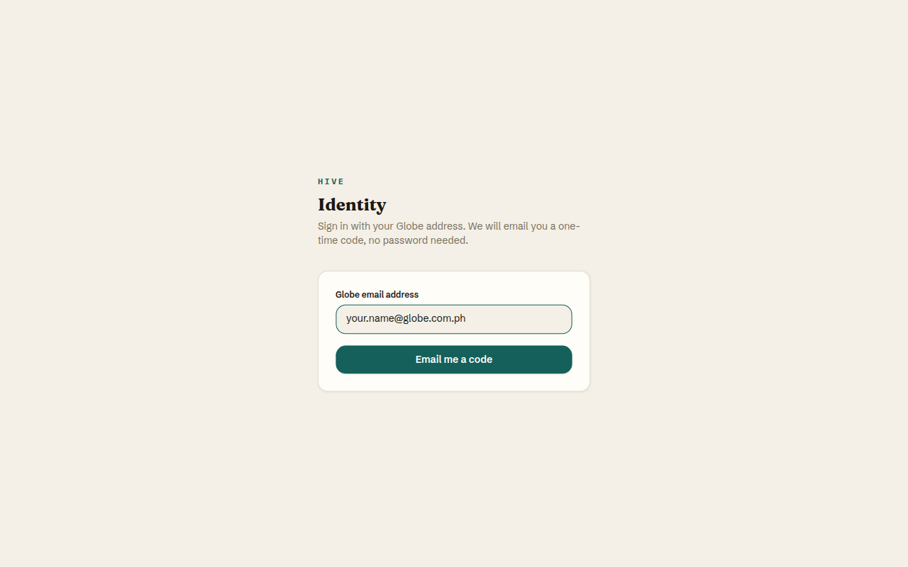 Hive Identity login with Globe email filled in